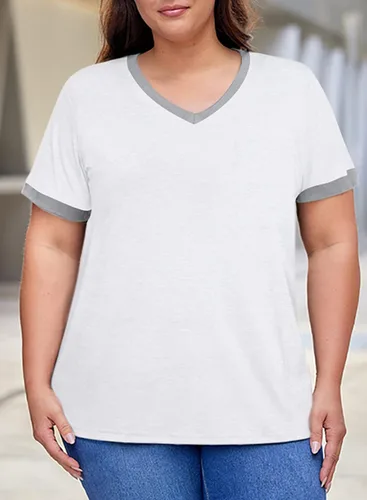 Miniatura 4 de Eytino Blusas de talla grande para mujer, cuello en V, manga corta, a rayas, casual, holgada, con bolsillo (1X-5X)
