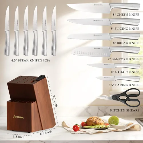 Miniatura 2 de Astercook Juego de Cuchillos, Juego de Cuchillos de Cocina con Bloque y Afilador Full Tang 15 Piezas Cuchillos de Acero Inoxidable Premium Hoja