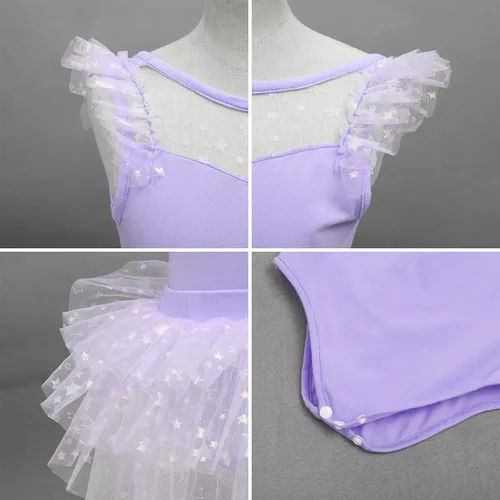 Miniatura 5 de IDOPIP Leotardo con falda tutú de estrellas con purpurina para niñas, manga con volantes, vestido de ballet para bailarina, traje de gimnasia