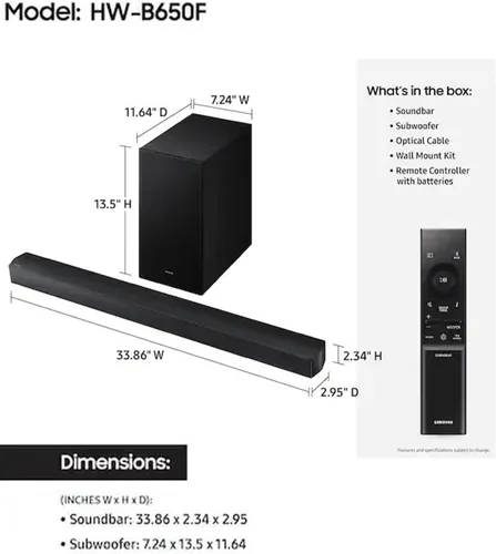 Miniatura 3 de Samsung Barra de sonido de la serie B, subwoofer HW-B650F de 3.1 canales, con subwoofer inalámbrico, Dolby Audio/DTS Virtual:X, Q-Symphony, HDMI ARC