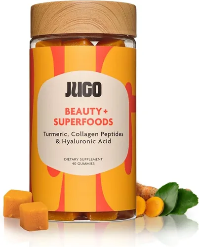 JUGO Beauty + SUPERFOODS - Gomitas de colágeno para cabello, piel y uñas, suplemento de ácido hialurónico y cúrcuma, sin crueldad, sin gelatina y