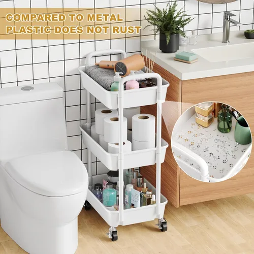 Miniatura 5 de Carrito rodante de 3 niveles con ruedas, carrito de plástico blanco de tres niveles con ruedas con cerradura, carrito organizador de almacenamiento