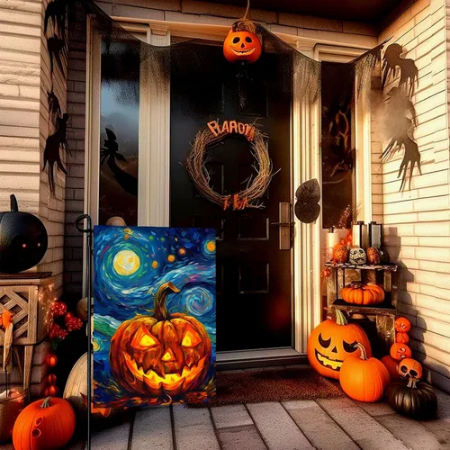 Miniatura 3 de Bandera de jardín de Halloween, bandera de jardín de calabaza Van Gogh, banderas de jardín, artes, cielo nocturno estrellado, luna, bandera