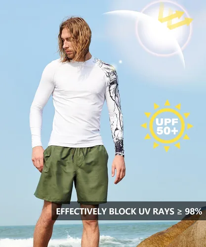 Miniatura 3 de HUGE SPORTS Camisas de baño para hombre de manga larga UPF 50+ con protección contra erupciones solares y protección UV Blanco (White Lion)