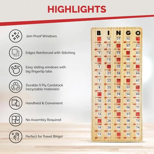 Miniatura 4 de MR CHIPS Tarjeta Maestra de Bingo con Punta de Dedo Anti-Atasco con Ventanas Deslizantes Tarjetas de Cartón Grande para Cantar Estilo Beige Tablero