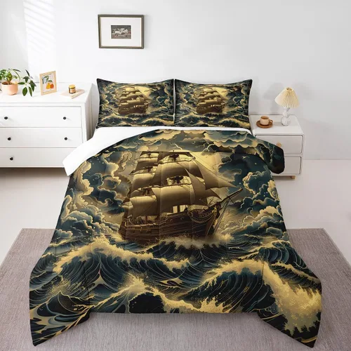 Miniatura 23 de Octopus - Juego de edredón para niños, tamaño matrimonial, nubes oscuras, olas del océano, juego de ropa de cama retro trippy decoración de Rojo