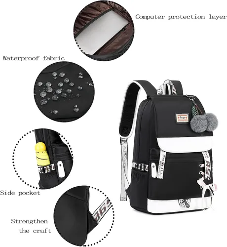 Miniatura 5 de Mochila Asge escolar, informal, para libros, de uso diario, para niña, negro 2), ASGE-BB-03