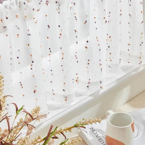 Miniatura 8 de jinchan Cortinas de cenefa para ventanas de 16 pulgadas, coloridos mini pompones, cenefa de cocina de granja, cenefa de gasa semitransparente