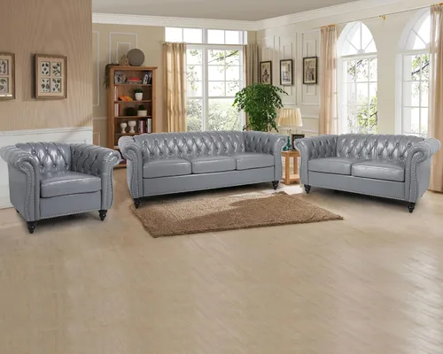 Miniatura 12 de RARZOE Moderno sofá Chesterfield de poliuretano de 3 plazas, sofá Chesterfield tapizado de piel con botones capitoné, sofá clásico de piel sintética