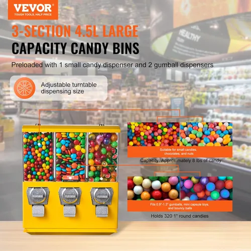 Miniatura 2 de VEVOR Máquina Expendedora Comercial, Dispensador de Dulces de Triple Compartimento con Soporte de Hierro, Máquina de Chicles y Dulces para Negocios