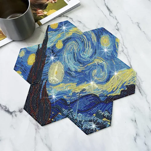 Miniatura 2 de Posavasos de arte de diamante Van Gogh Starry Night, 7 posavasos hexagonales con soporte, pequeños kits de pintura de diamantes para adultos