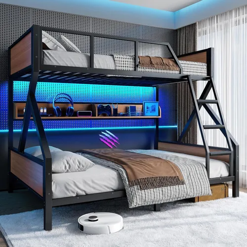 Miniatura 10 de Bellemave Litera Twin XL sobre Queen con estantes de almacenamiento y luces LED, literas de metal con escaleras, marco de litera resistente