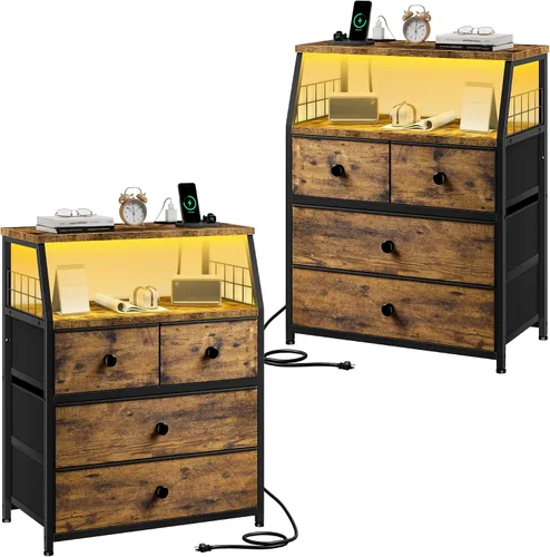 Miniatura 13 de EnHomee Mesita de noche negra de 21.8 pulgadas de ancho con estación de carga y luces LED, mesita de noche con 4 cajones de tela, mesa de noche