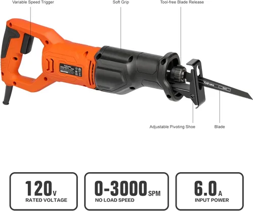 Miniatura 3 de Yunirvana Sierra recíproca de 120 V, sierra recíproca con cable de velocidad variable de 6.0 amperios con longitud de carrera de 4/5 pulgadas, 3000