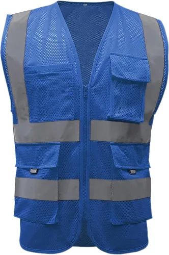 Miniatura 16 de GOGO Chaleco de seguridad frontal con cremallera de alta visibilidad de 9 bolsillos con tiras reflectantes, cumple con las normas ANSI Azul