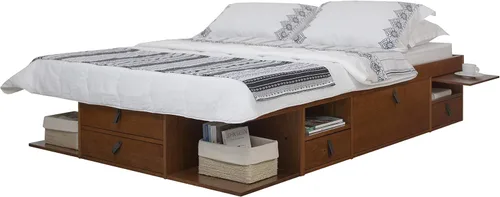 Miniatura 21 de Memomad Bali Slim Set: Plataforma de almacenamiento con cajones + Cabecero de panel plano (Tamaño completo, madera marrón roble)