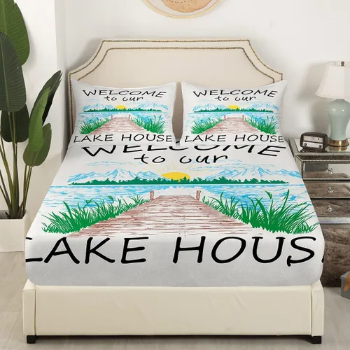 Miniatura 3 de Lake House Sábanas bajeras tamaño individual, sábana dibujada a mano con paisaje de lago y montaña para niños, niñas, niños y adultos, decoración