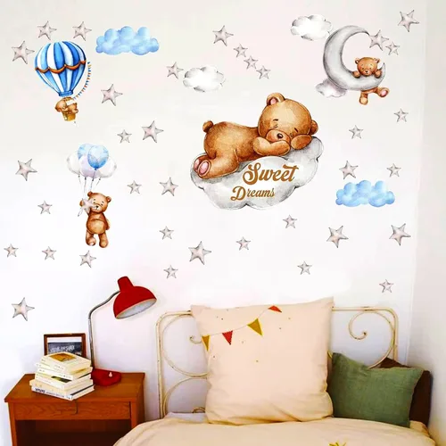 Miniatura 6 de Decoración de Pared de Oso Teddy con Luna y Estrellas - Adhesivos de Oso Dormido para Pared, Decoración para Habitación de Bebé y Guardería