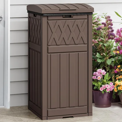 Miniatura 10 de DWVO Bote de basura para exteriores de 33 galones con tapa escalonada y bandeja de goteo, bote de basura de resina impermeable para patio, cocina