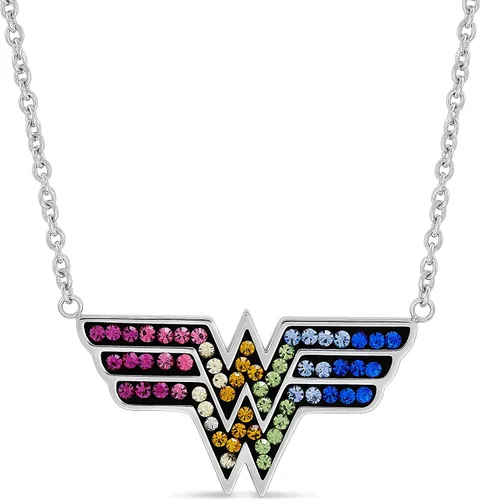 DC Comics Collares de mujer maravillosa colgante de logotipo de cristal multicolor y diseño redondo chapado en oro acero inoxidable 18 pulgadas