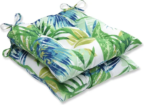Pillow Perfect Tropic - Cojín para asiento de silla de interior/exterior con lazos, acolchonado, resistente a la intemperie y a la decoloración,