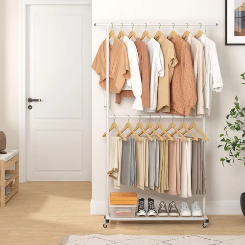 Miniatura 6 de Sywhitta Perchero de ropa de doble barra, colgador de abrigos rodante con malla inferior, perchero para colgar ropa, abrigos, faldas, suéteres