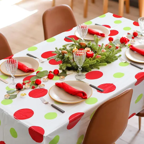 Miniatura 4 de Hosuly Rollo de mantel de Navidad de 100 pies x 40 pulgadas con lunares rojo y verde, mantel rectangular desechable de plástico para invierno