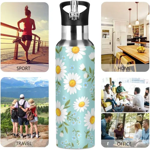 Miniatura 5 de Stainless Steel Water Bottle 20 Oz, BPA-Free Sports Water Bottle with Straw for Gym Outdoor Travel School, Daisies Yellow Blue Flowers