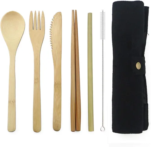 Miniatura 8 de JASHII Juego de cubiertos de bambú para viaje, incluye cuchillo reutilizable, tenedor, cuchara, palillos, popotes y cepillo (beige)
