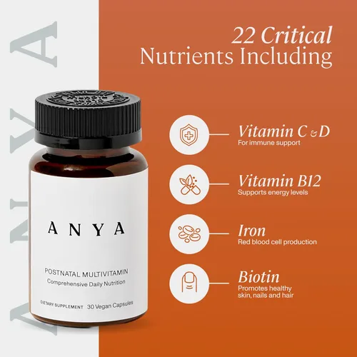 Miniatura 3 de ANYA Multivitamínico posparto, vitamina posnatal para mujeres lactancia, 30 cápsulas – Vitaminas A, C, D3, zinc, B12, biotina, folato y hierro