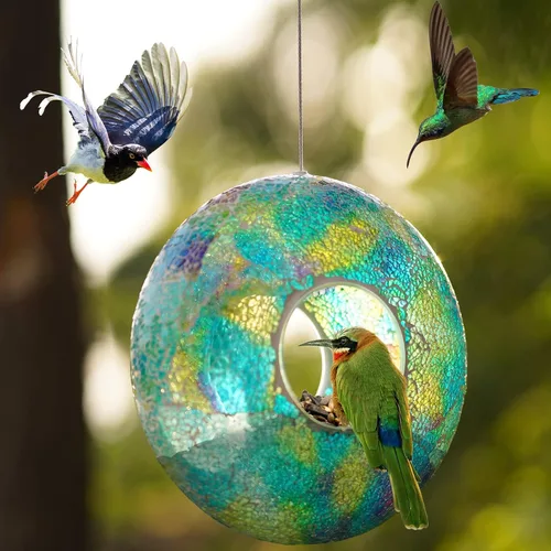 Miniatura 6 de DUSVALLY Comedero colgante para pájaros, comedero redondo para pájaros silvestres, diseño de mosaico de vidrio degradado azul y morado, 9 pulgadas