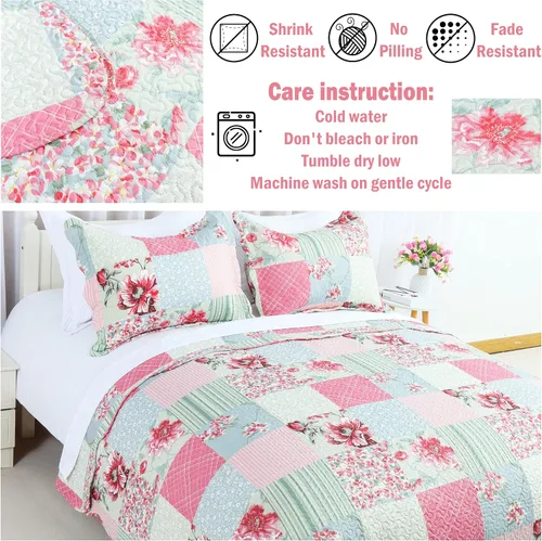 Miniatura 7 de Cmfshape - Juego de edredón de verano floral King acolchado, juego de edredón rosa romántico King, juego de ropa de cama reversible cosido para Rosa