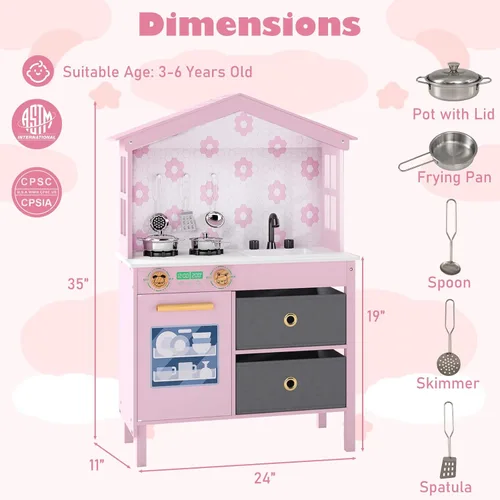 Miniatura 7 de Costzon Cocina de Juguete para Niños, Juguete de Cocina Montessori Little Chef con 2 Estufas, Perillas Giratorias, Grifo, Fregadero, Lavavajillas, 2