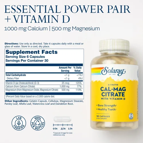 Miniatura 2 de SOLARAY Proporción 2:1 de citrato de calcio y magnesio con vitamina D-3, huesos sanos, apoyo muscular y sistema nervioso, alta absorción, 180