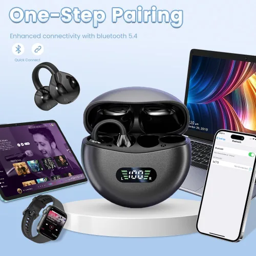 Miniatura 7 de Auriculares inalámbricos Bluetooth 5.4 con clip, con micrófono, reproducción de 60 horas, cancelación de ruido, impermeables, deportivos, cómodos