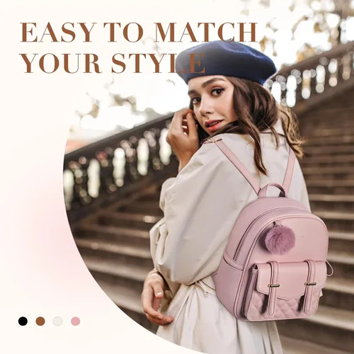 Miniatura 4 de Missnine Mini mochila para mujer, bonita mochila pequeña con pompón, de piel sintética, mochila pequeña casual para mujer, rosado (2-Pink)