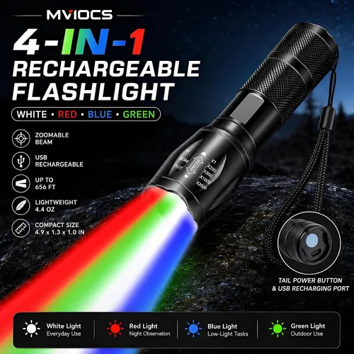 Miniatura 2 de Linterna recargable roja 4 en 1, linterna LED multicolor (blanco/rojo/azul/verde) con 4 modos, linterna con zoom de alto lúmenes para camping