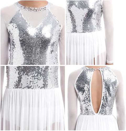 Miniatura 6 de AFAVOM Vestido de baile lírico para mujer, disfraz de baile contemporáneo, manga larga, malla de lentejuelas, falda de tul fluida, ropa de baile