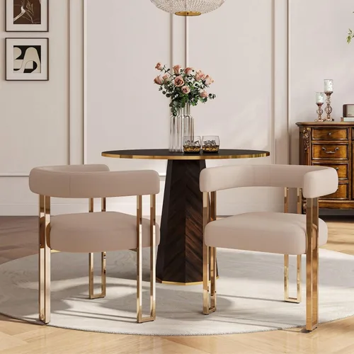 Miniatura 35 de Hyfirm Juego de 2 sillas de comedor de barril beige y dorado, modernas sillas tapizadas de terciopelo con respaldo curvado para isla de cocina
