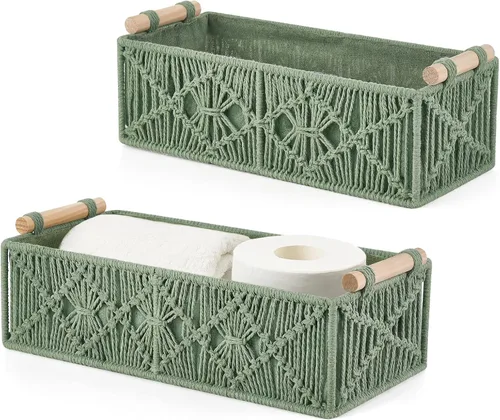 Miniatura 10 de Mkono Cestas de almacenamiento de macramé, caja de decoración bohemia tejida a mano decorativa para encimera, tanque de inodoro, estante organizador