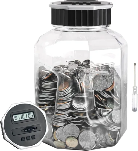 Miniatura 11 de Alcancía X-Large para adultos y niños, Vcertcpl banco digital contador de monedas con contador LCD, capacidad de 2.4L, excelente banco contador