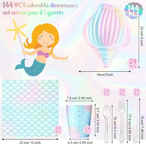 Miniatura 2 de 144 piezas de suministros para fiesta de sirenas, decoraciones temáticas de sirenas, juego de vajilla para fiesta bajo el mar, incluye platos