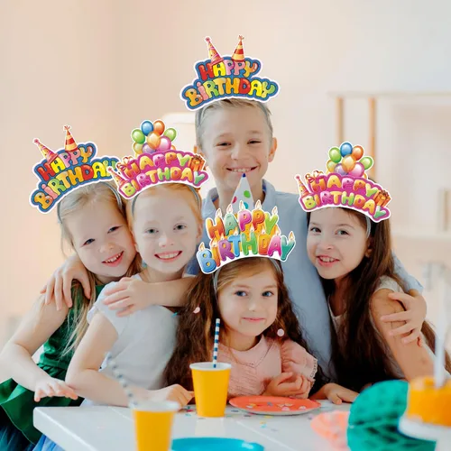 Miniatura 7 de KKBES Diademas de feliz cumpleaños, sombreros de papel para fiesta de cumpleaños, 3 patrones para niños y adultos que celebran cumpleaños