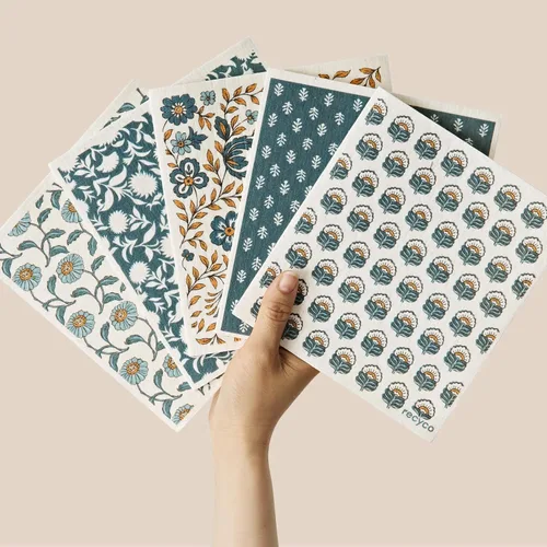 Miniatura 38 de RECYCO Paños suecos para cocina Paquete de 5 trapos geométricos lavables Toallas de papel de limpieza reutilizables de celulosa Paño