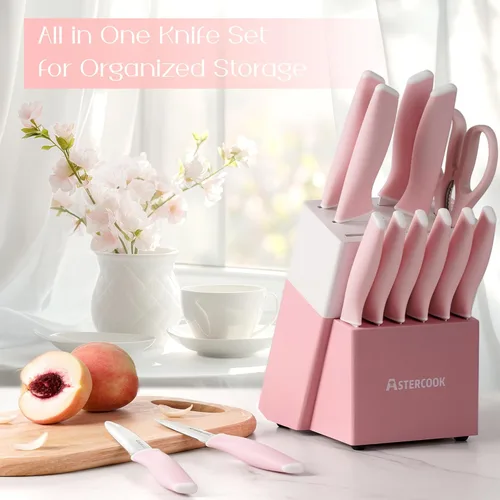 Miniatura 3 de Juego de cuchillos Astercook, juego de cuchillos de cocina con bloque y afilador con revestimiento cerámico de 15 piezas, cuchillos alemanes