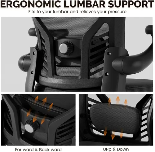 Miniatura 4 de Ollega Silla de escritorio para computadora con ruedas, silla de oficina de malla con brazos abatibles, soporte lumbar ajustable, silla de Negro