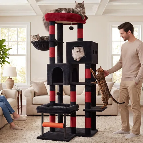 Miniatura 19 de Hey-brother Árbol para gatos, postes rascadores para gatos con cama, torre resistente con columnas totalmente envueltas en sisal y bola de juguete