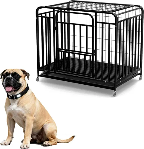 Heavy Duty Indoor Dog Cage with Wheels, 48 Inch High Anxiety Steel Dog Crate with Removable Tray, Indestructible Escape Proof Dog Kennel Extra Large