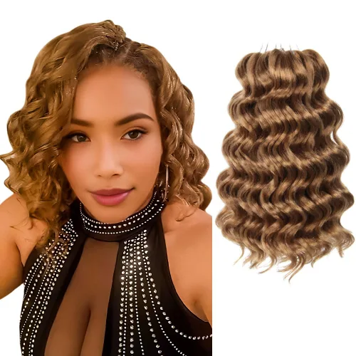 Miniatura 32 de Pelo de onda marina con trenzas de ganchillo, 6 pulgadas, 8 paquetes, trenzas rizadas suaves y profundas, extensiones de pelo sintético ondulado