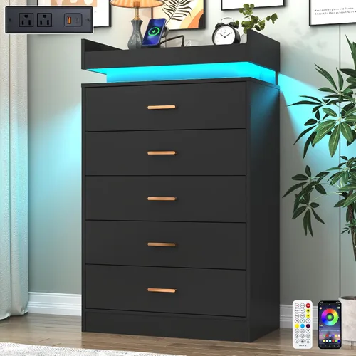 Miniatura 17 de Hlivelood Cómoda de 8 cajones con luz LED y estación de carga, cómoda moderna para armario, armario organizador de cajones anchos para dormitorio